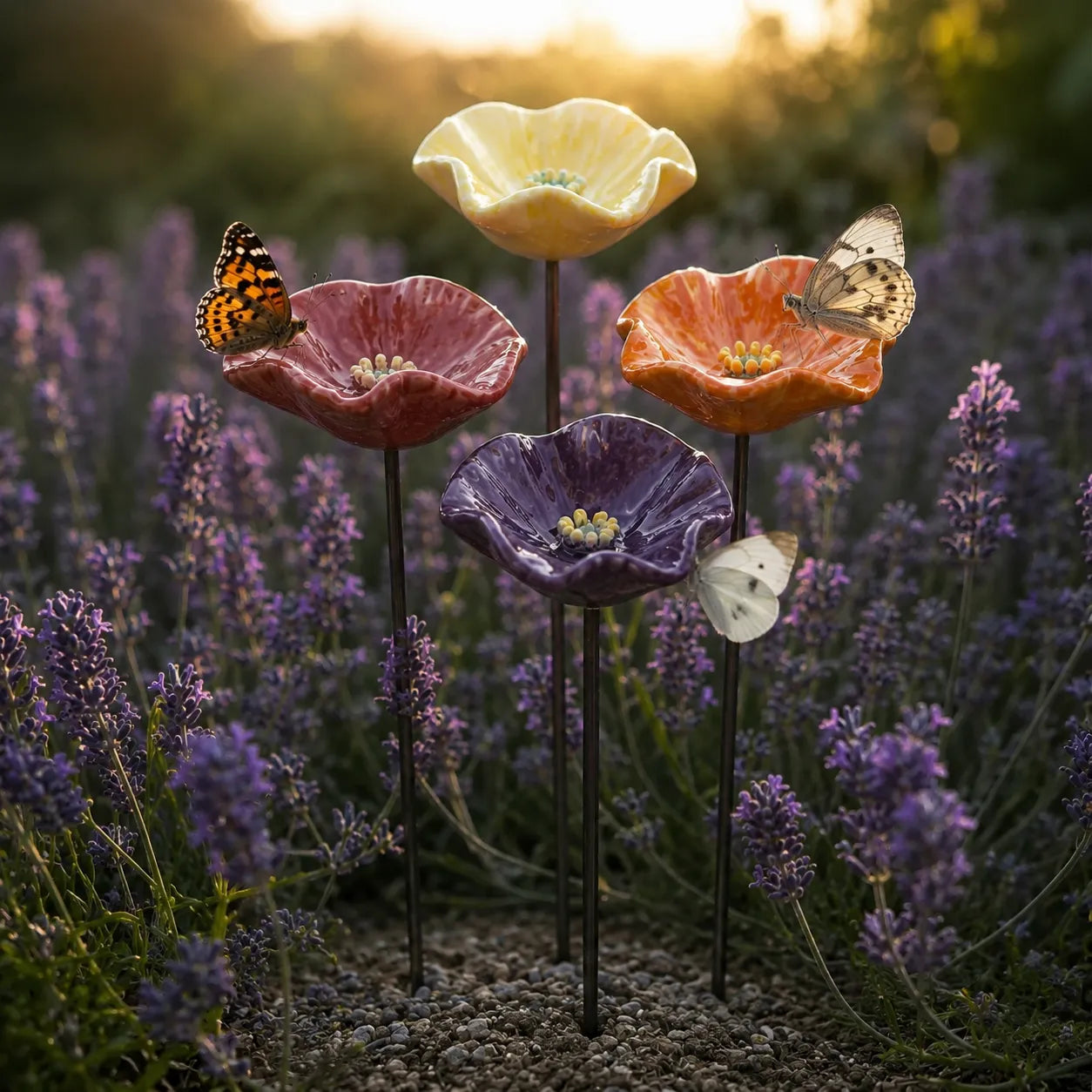 Fiori a farfalla fatti a mano – Fontanelle per uccelli in ceramica resistenti alle intemperie, set da 4