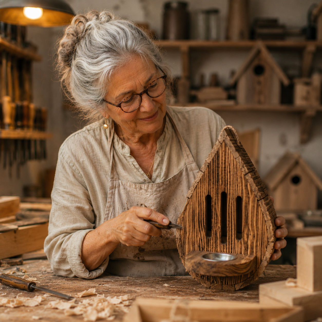 Casetta per farfalle a forma di goccia, fatta a mano, in legno naturale