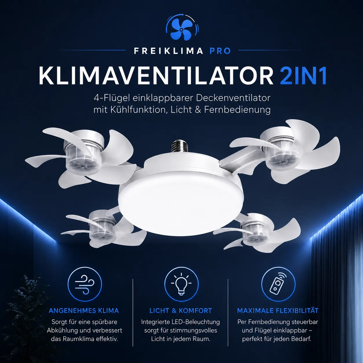 FreiKlima Pro Klimaventilator 2in1 – 4-Flügel einklappbarer Deckenventilator mit Kühlfunktion, Licht & Fernbedienung