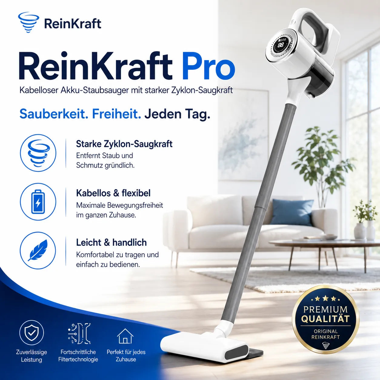 ReinKraft Pro –  Kabelloser 2-in-1 Premium-Akku-Staubsauger starker Zyklon-Saugkraft