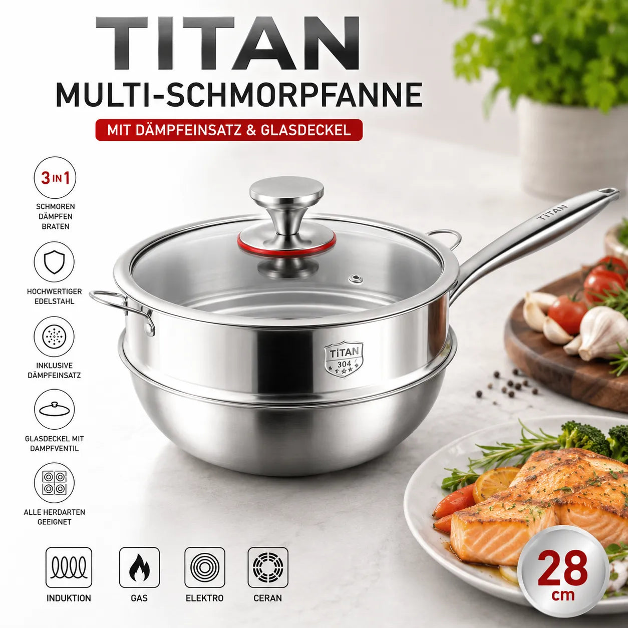 Tegame multiuso Titan con inserto vapore (28 cm)