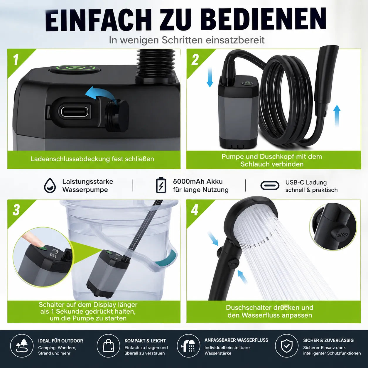 Tragbare Outdoor-Dusche – Akku-Duschpumpe mit LED-Display, 6000mAh, USB-C