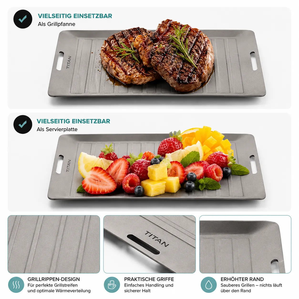 TitanPure Pro — Set per vassoio da griglia Camping & BBQ | Senza PFAS | Con pinza