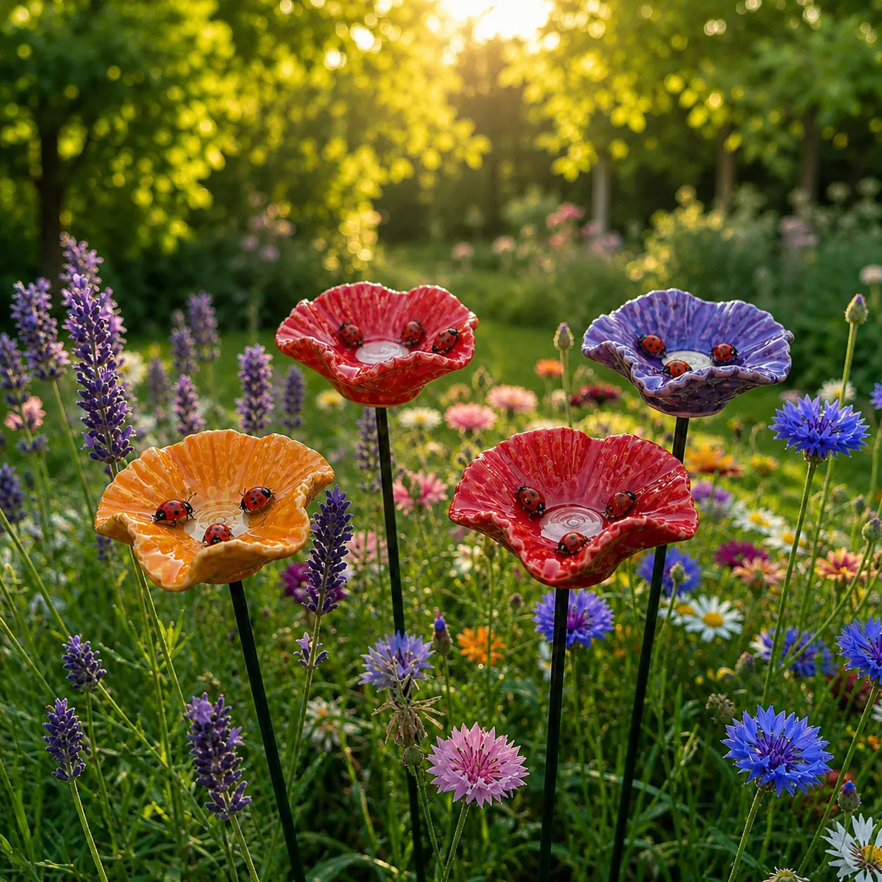 Abbeveratoi in ceramica con fiori di coccinella