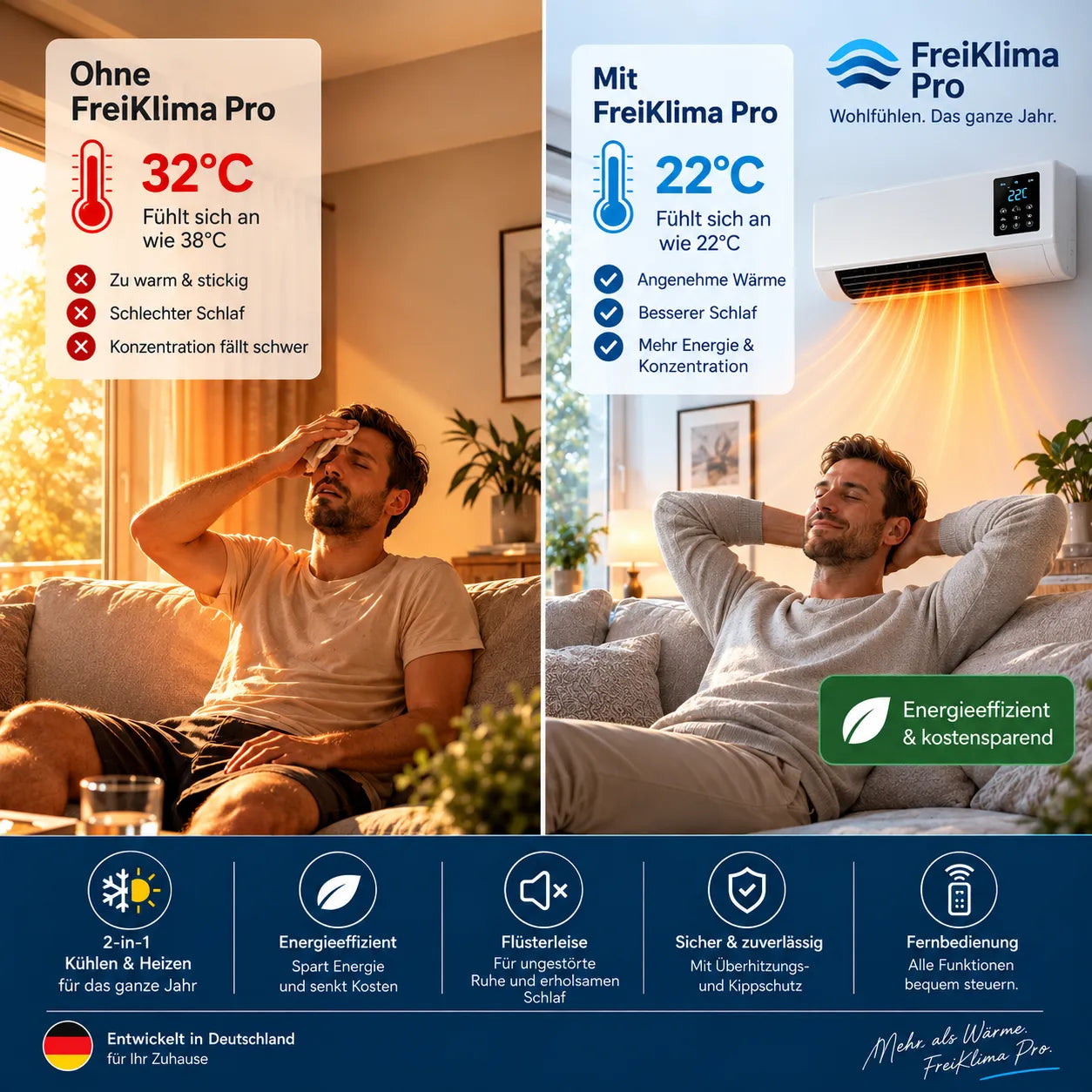 FreiKlima Pro – Condizionatore portatile e riscaldamento senza installazione | 2-in-1 | Fino a 51 m²