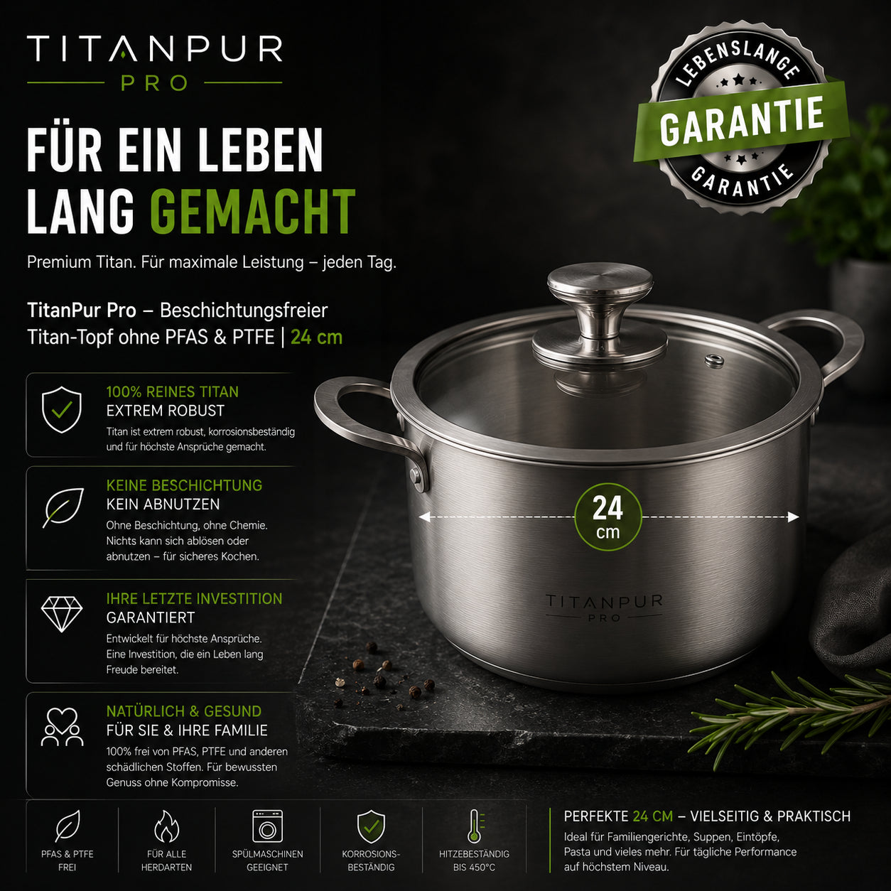 TitanPur Pro – Pentola in titanio senza rivestimento, PFAS e PTFE | 24 cm